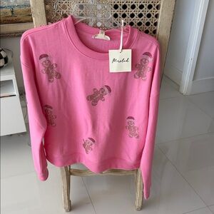 Marled Pink & Sparkly "Gems" Sweater with Gingerbread Design